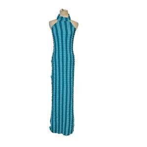 Micas blue two tone quilted halter neck bodycon maxi dress size small